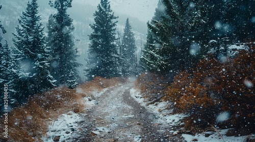 View of empty trail during snowfall