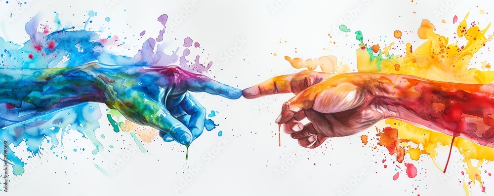 Two hands painted in vibrant watercolors midgame of rock, paper ...