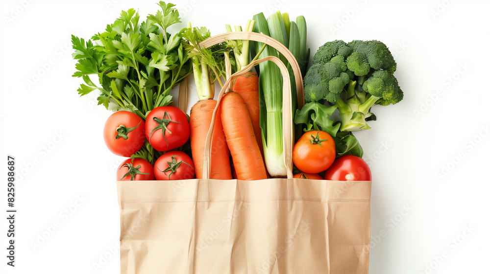 Vegetable-Filled Paper Bag and Grocery Tote on White Background Vegetable-Filled Paper Bag and Grocery Tote on White Background