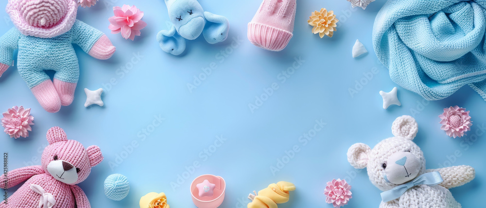 Adorable baby toys and clothes arranged on pastel background, creating a cute and playful scene. Adorable baby toys and clothes arranged on pastel background, creating a cute and playful scene.