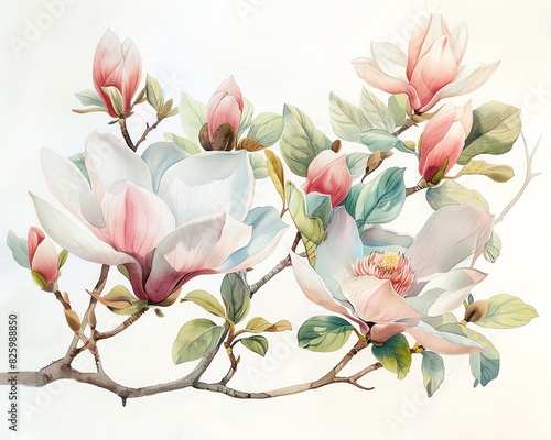 Watercolor painting of delicate magnolia blossoms with pink and white petals.