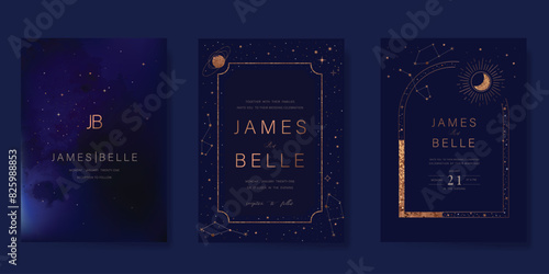 Navy Blue Luxury Wedding Invitation, start invite thank you, rsvp modern card Design in Night sky with  little star moon sun and space decorative Vector elegant rustic template