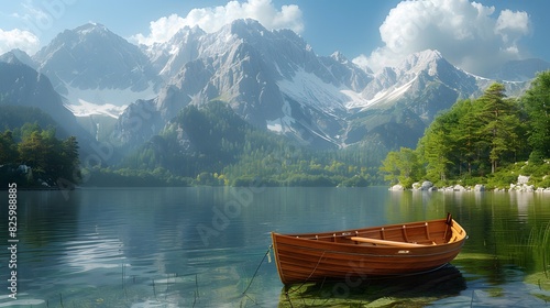 A tranquil lake with a rowing boat and towering mountains in the background List of Art Media Photograph inspired by Spring magazine