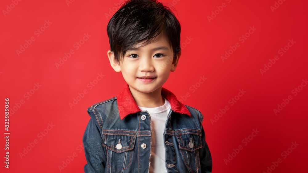 A smiling Chinese boy in a denim jacket posing confidently A smiling Chinese boy in a denim jacket posing confidently