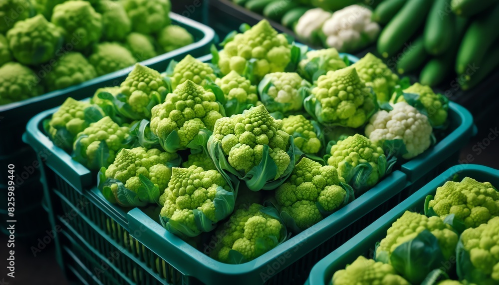 Image of multiple green plastic baskets filled with fresh, ripe Cauliflower sprouts Image of multiple green plastic baskets filled with fresh, ripe Cauliflower sprouts
