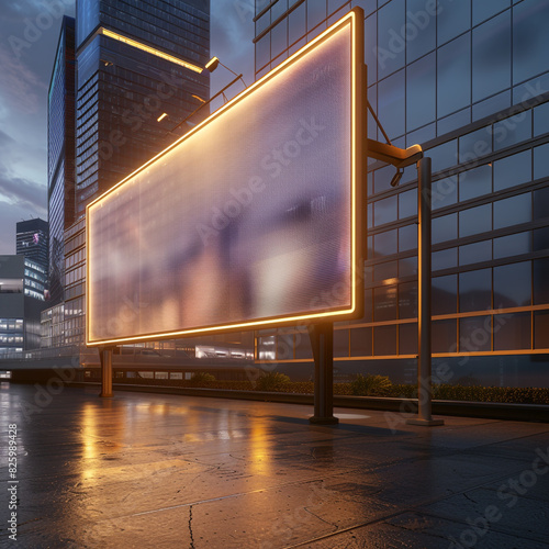 Sleek digital billboard in a tech district, 3D rendered, blank for futuristic ad campaigns, featuring a light border. photo