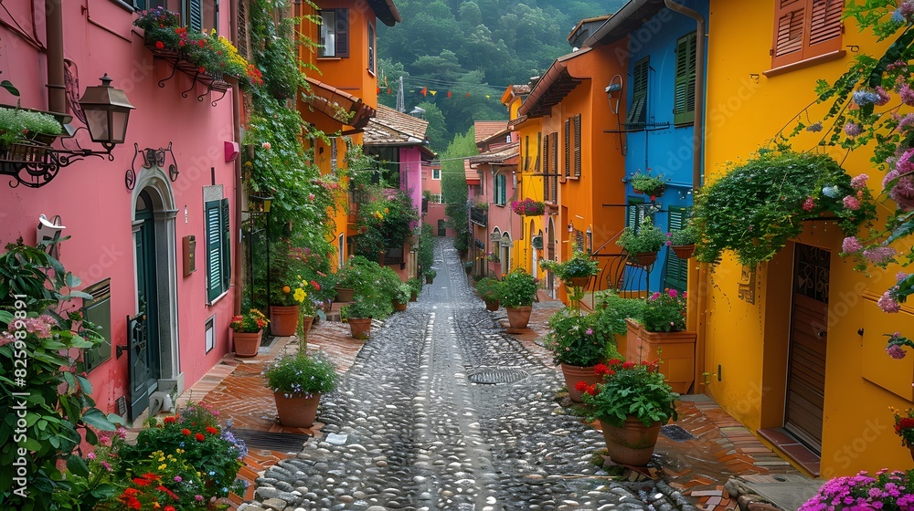 Scenic view of an ancient European town with cobblestone streets and colorful buildings List of Art Media Photograph inspired by Spring magazine