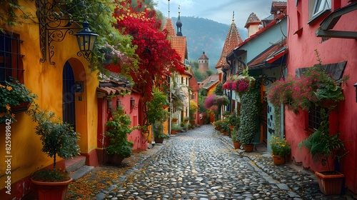Scenic view of an ancient European town with cobblestone streets and colorful buildings List of Art Media Photograph inspired by Spring magazine photo