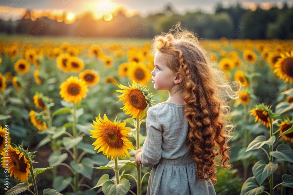 Summer flowering. Portrait of a beautiful curly-haired girl and a green dress in a blooming field of sunflowers Childhood. The girl poses and looks at the camera. Summer flowering. Portrait of a beautiful curly-haired girl and a green dress in a blooming field of sunflowers Childhood. The girl poses and looks at the camera.