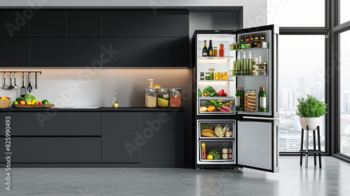 Modern Kitchen with Open Refrigerator Stocked with Healthy Food