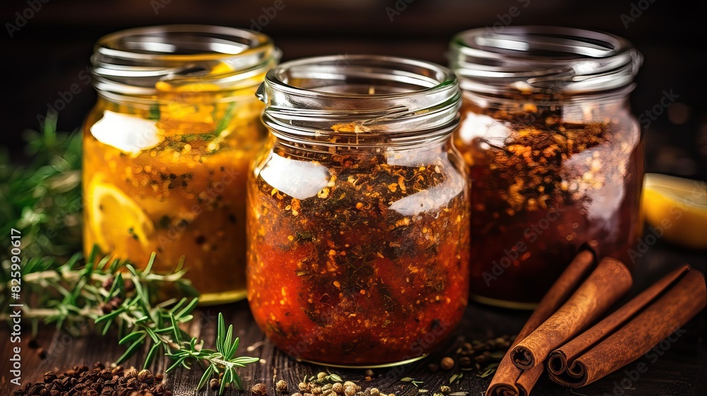 Illustration of homemade marinades, with a background of jars containing several spices Illustration of homemade marinades, with a background of jars containing several spices