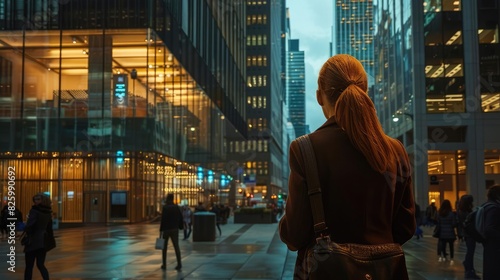 Businesswoman walking through a vibrant downtown area with modern skyscrapers and pedestrians during evening hours.