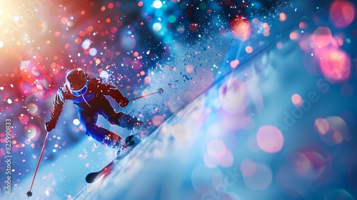 A thrilling scene of a downhill ski race, with a defocused backdrop of vibrant particles photo