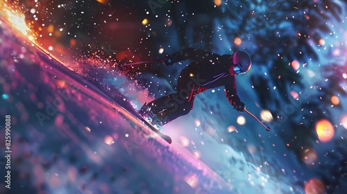 A thrilling scene of a downhill ski race, with a defocused backdrop of vibrant particles photo
