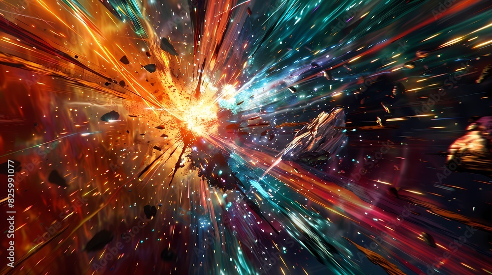 A thrilling scene of a high-speed space battle, with a defocused backdrop of vibrant particles A thrilling scene of a high-speed space battle, with a defocused backdrop of vibrant particles