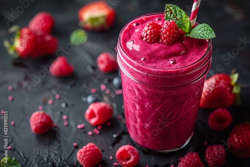 Berry Blast Smoothie - Deep red or purple hue with a berry garnish, presented in a mason jar. 