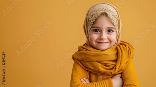 A happy little girl wearing a yellow scarf, smiling brightly