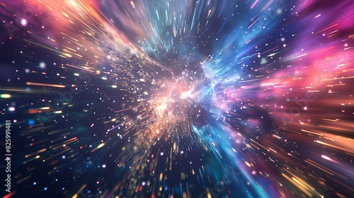 A thrilling scene of a high-speed space battle, with a defocused backdrop of vibrant particles © Hamza