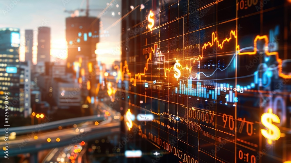 Obraz premium City skyline with stock market data overlay, financial business concept with glowing graphs, charts, and dollar signs at sunset.