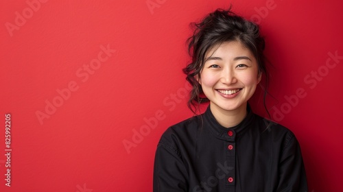 A woman graciously poses in front of a vibrant red wall photo