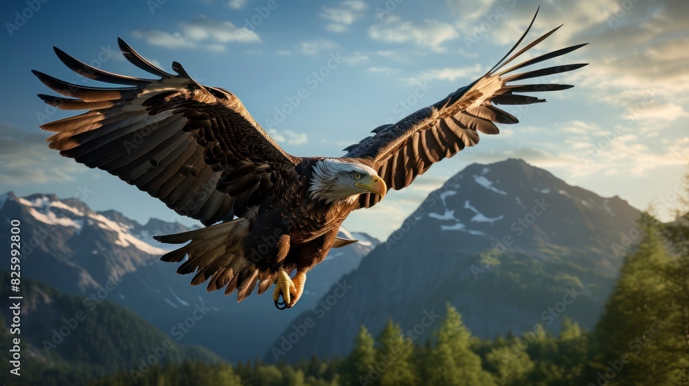 Fototapeta premium Bald Eagle in flight with mountains in the background at sunset.