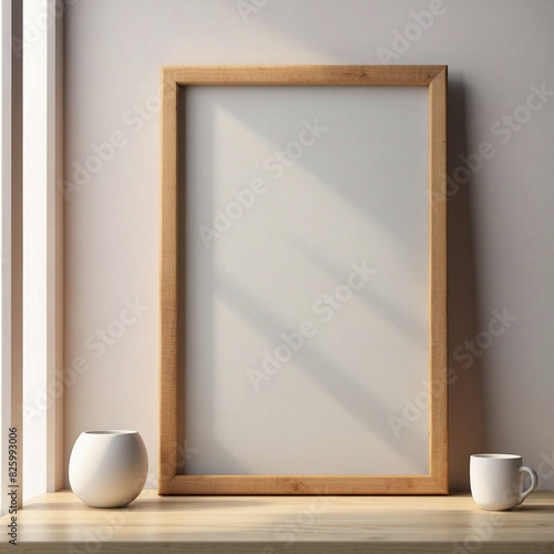 Mockup vertical poster wood frame on the table for modern interior background