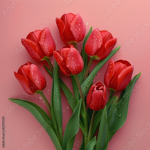 Red Tulips with water droplets on pink background