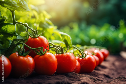 Ripe tomatoes growing on plant. Background with selective focus and copy space