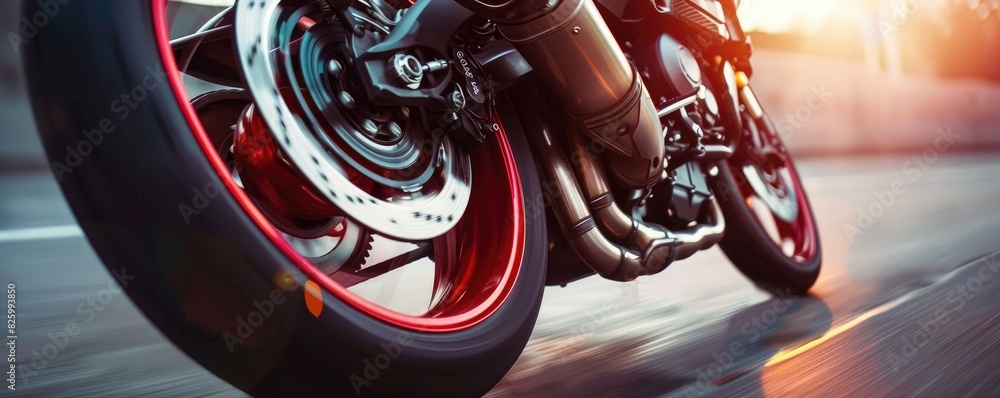 Fototapeta premium Detail shot of brake discs of the wheel of a motorcycle while speeding
