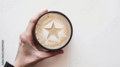 Top view of a hand holding a coffee cup with a foam drawing of a star, symbolizing brightness, on a white background. 
