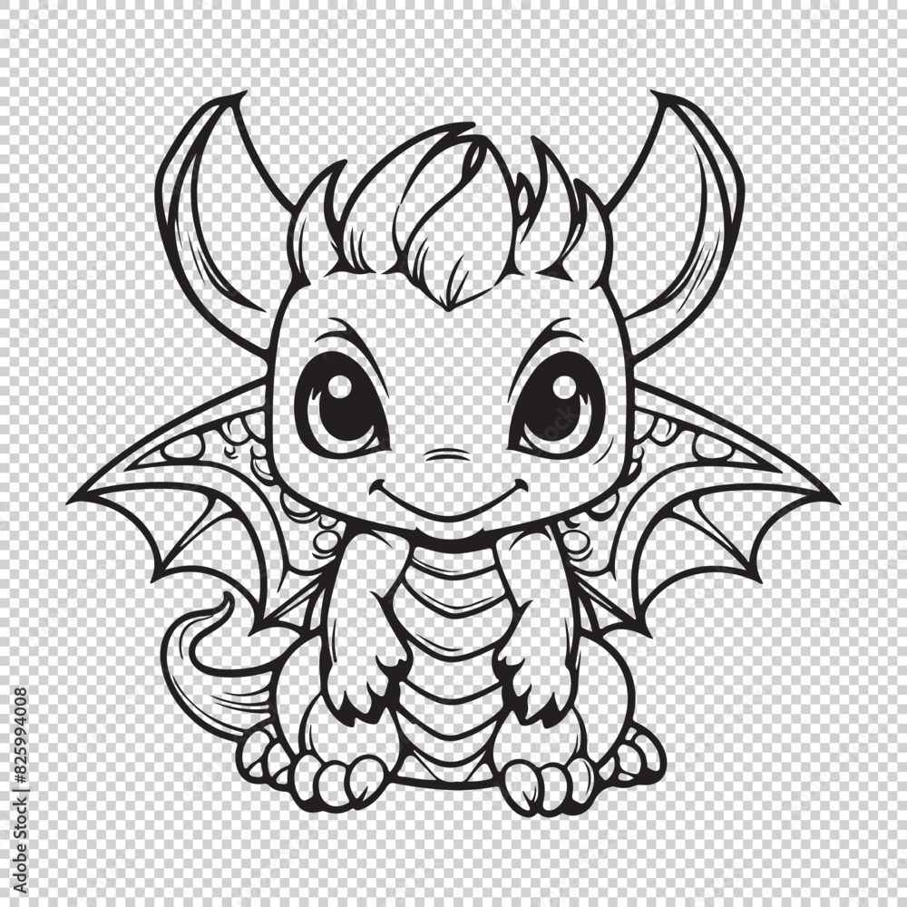 Cute cartoon baby dragon design for kids coloring book, black vector illustration on transparent background
