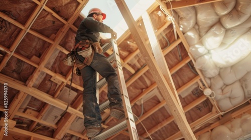 A worker climbs a ladder to reach the highest points of the home diligently adding insulation to every nook and cranny for optimal energy efficiency.