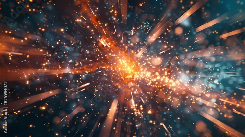 A thrilling scene of a high-speed space exploration, with a defocused backdrop of vibrant particles