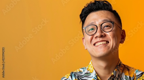 Smiling Chinese man rocks Hawaiian shirt and specs