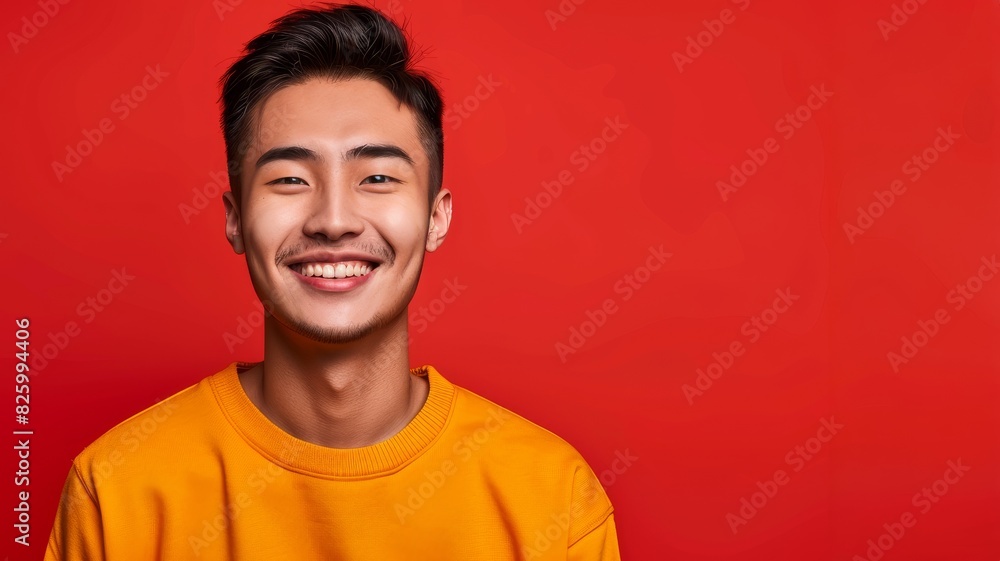 A Chinese man radiates happiness with a bright smile on his face A Chinese man radiates happiness with a bright smile on his face