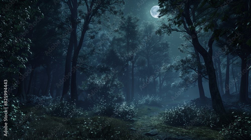A dark forest bathed in the soft glow of the moon, the moonlight highlighting the intricate details of the trees and undergrowth. A dark forest bathed in the soft glow of the moon, the moonlight highlighting the intricate details of the trees and undergrowth.