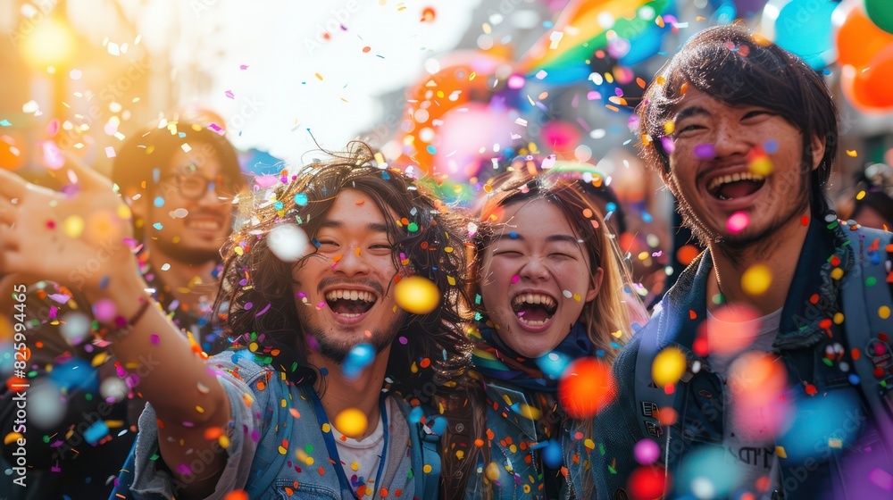 A group of friends joins in the LGBTQ parade on the concept of gender equality. A group of friends joins in the LGBTQ parade on the concept of gender equality.