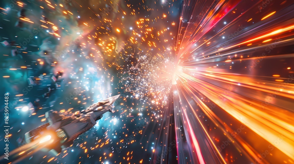 A thrilling scene of a high-speed spaceship race, with a defocused backdrop of vibrant particles A thrilling scene of a high-speed spaceship race, with a defocused backdrop of vibrant particles