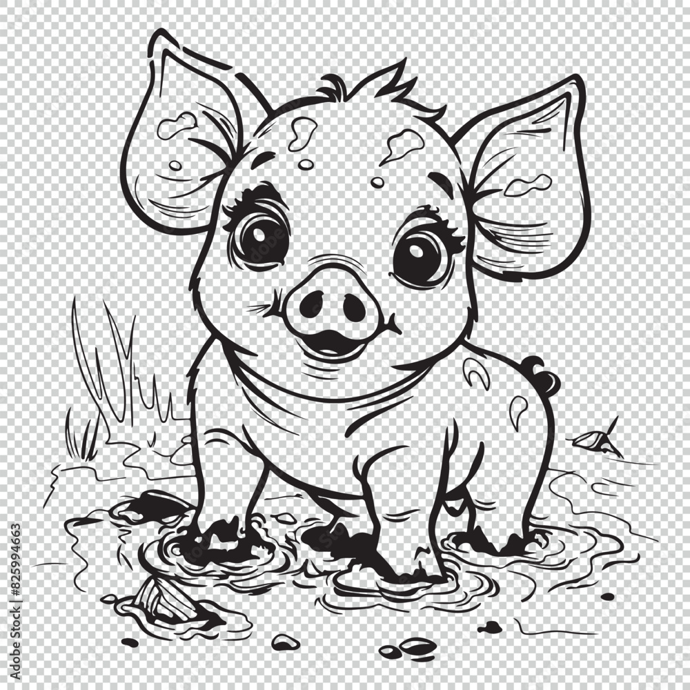 Obraz premium Cute cartoon baby pig design for kids coloring book, black vector illustration on transparent background