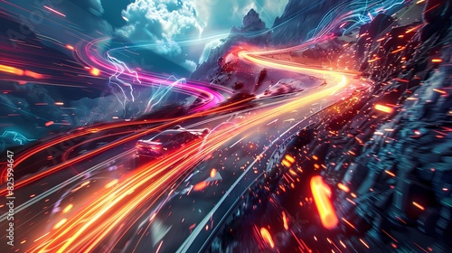 A thrilling scene of a high-speed car chase on a winding mountain road, with a defocused backdrop of vibrant particles