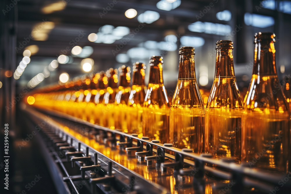 Production line of beer factory. Conveyor belt with bottles. Industrial background Production line of beer factory. Conveyor belt with bottles. Industrial background