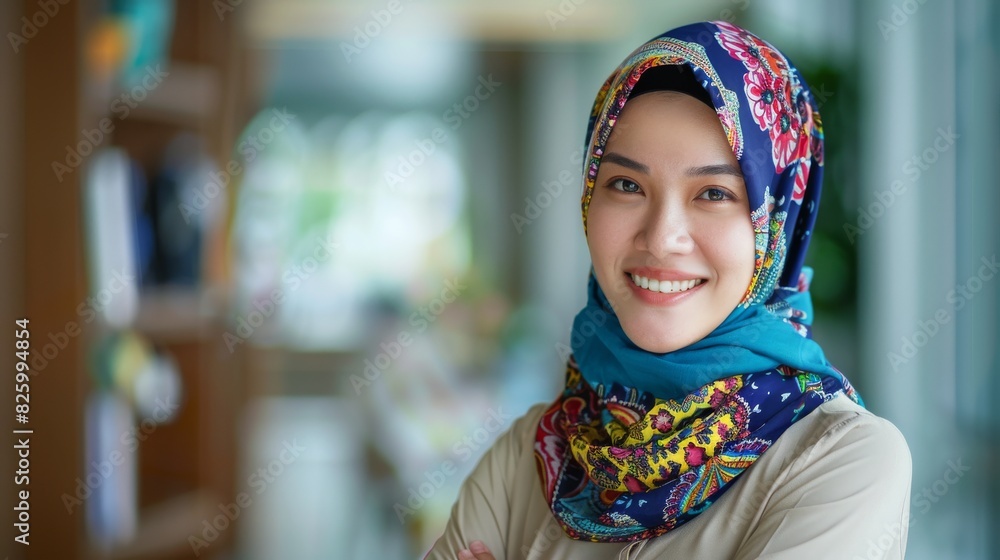 Indonesian woman in headscarf smiling in studio setting Indonesian woman in headscarf smiling in studio setting