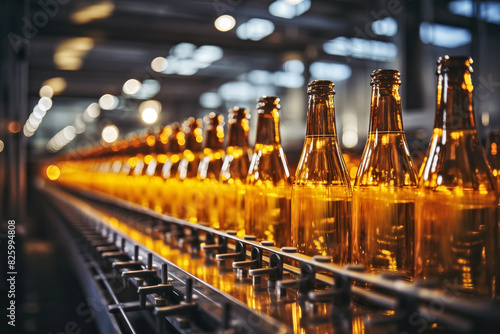 Production line of beer factory. Conveyor belt with bottles. Industrial background