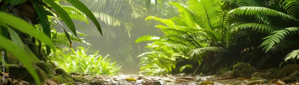 Lush green rainforest with dense foliage and sunlight filtering through leaves, creating a serene and vibrant natural environment. Lush green rainforest with dense foliage and sunlight filtering through leaves, creating a serene and vibrant natural environment.