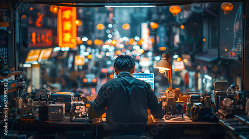 A miniature model of a businessman working, A man walking down a street at night 