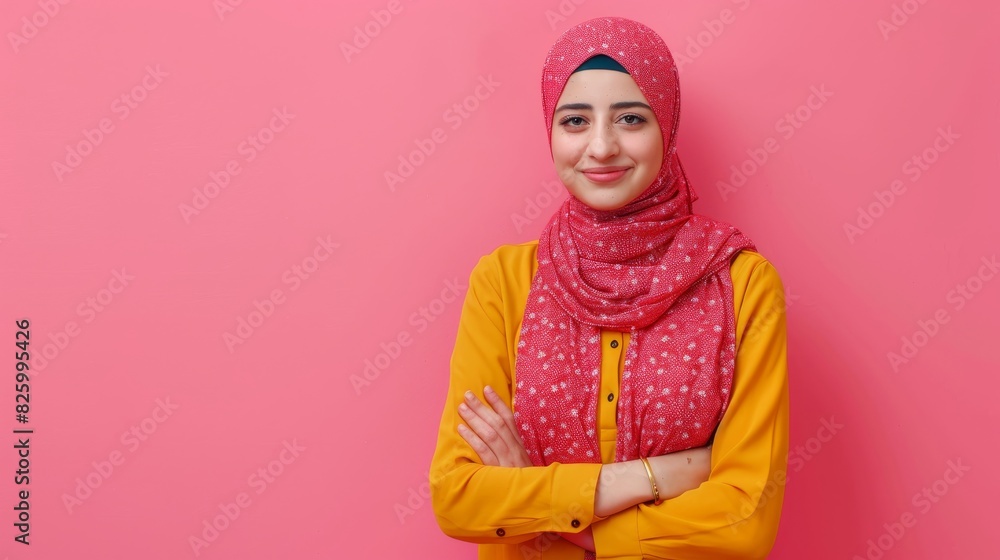Fototapeta premium Woman in headscarf stands confidently with arms crossed, exuding strength and resilience