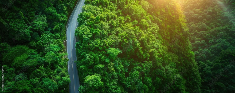 Aerial view of a winding road through a lush green forest with sunlight ...