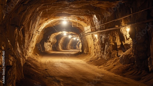 A dimly lit underground tunnel with rough, exposed rock walls and overhead lights illuminating the path at night.