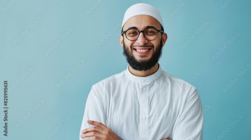 A cheerful Muslim man with glasses and a beard smiles warmly against a bright, colorful background A cheerful Muslim man with glasses and a beard smiles warmly against a bright, colorful background