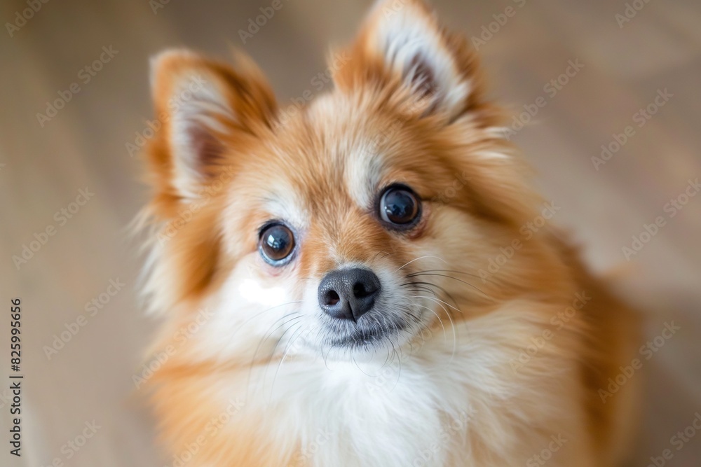 An adorable dog is captured looking up at the camera with wide, expressive eyes full of curiosity and affection. The background is softly blurred.